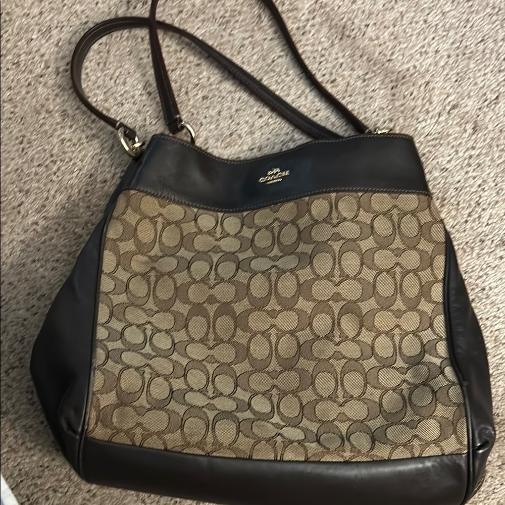 Coach Brown and Tan Shoulder Bag with Signature Monogram